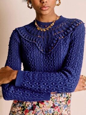 Sézane Alessandro Jumper Bright Blue Organic Cotton Crochet Cable Knit XXS